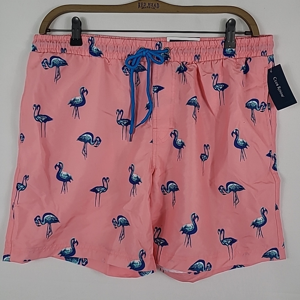 NWT $45 Club Room Quick Dry Swim Trunks w/ Pockets Pink Blue Flamingo Size XL